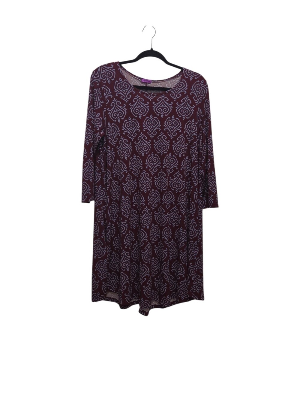Mountain Mamas Tunic Dress LG XL Burgundy Geometric 3/4 Sleeve Stretch Knit